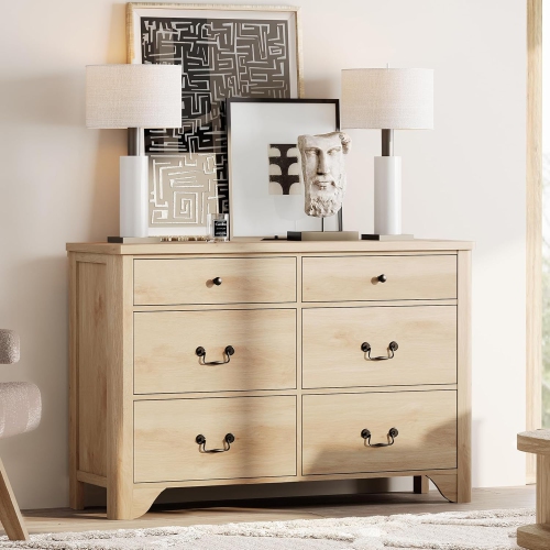 WAMPAT 6 Drawers Dresser for Bedroom, Farmhouse Dresser Wooden Dresser, Oak Dresser TV Stand with Large Drawers,Kids Dresser Wide Chest of Drawers