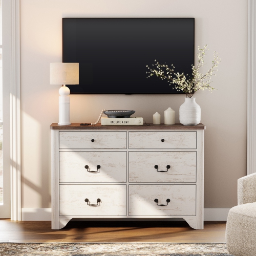 WAMPAT 6 Drawers Dresser for Bedroom, Farmhouse Dresser Wooden Dresser, White Dresser TV Stand with Large Drawers, Kids Dresser Wide Chest of Drawers