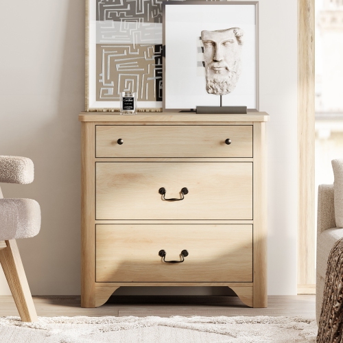 WAMPAT 3 Drawer Dresser for Bedroom, 31.5" Farmhouse Oak Dresser, Kids Dressers for Nursery with Wide Chest of Drawers, Wooden Dresser Closet Storage