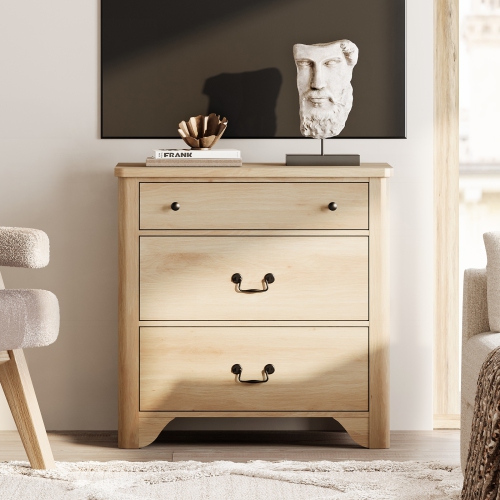 WAMPAT 3 Drawer Dresser for Bedroom, 31.5" Farmhouse Oak Dresser, Kids Dressers for Nursery with Wide Chest of Drawers, Wooden Dresser Closet Storage