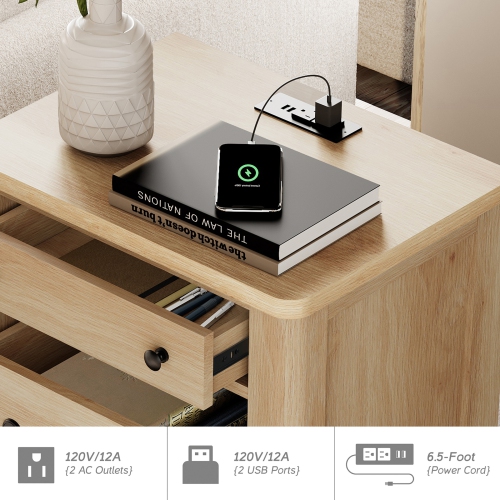 WAMPAT Farmhouse End Table with Charging Station, 20.5" Sofa Side Table with Large 3 Drawers,Rustic Wood Nightstands for Bedroom, Living Room, Home