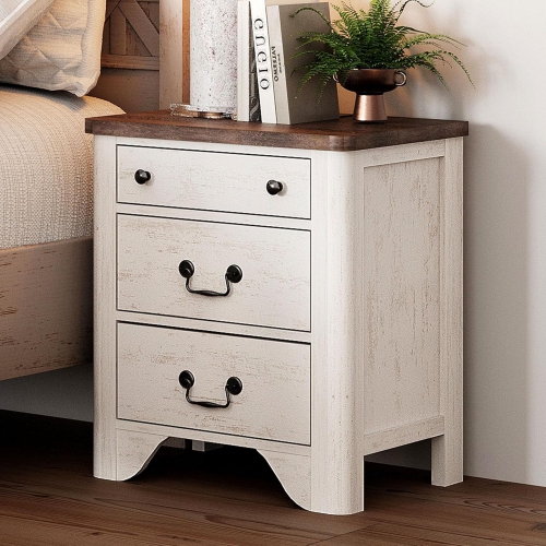 WAMPAT  Farmhouse End Table \w Charging Station, 20.5" Sofa Side Table \w Large 3 Drawers, Rustic Wood Nightstands for Bedroom, Living Room, Home