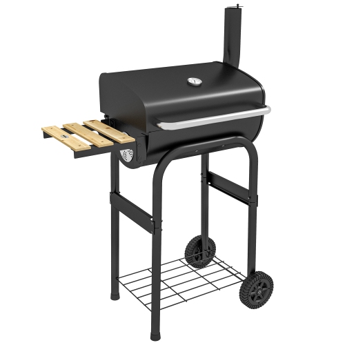 Outsunny Charcoal Barbecue Grill with Shelves, Portable BBQ Trolley Smoker with Wheels, Lid, Thermometer, Chimney for Outdoor Garden Party Cooking,