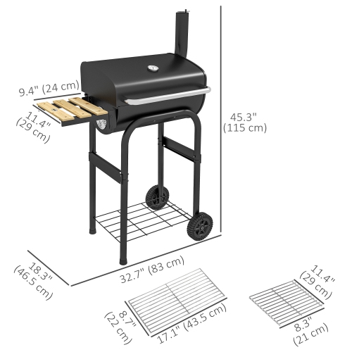 Outsunny Charcoal Barbecue Grill with Shelves, Portable BBQ Trolley Smoker with Wheels, Lid, Thermometer, Chimney for Outdoor Garden Party Cooking,