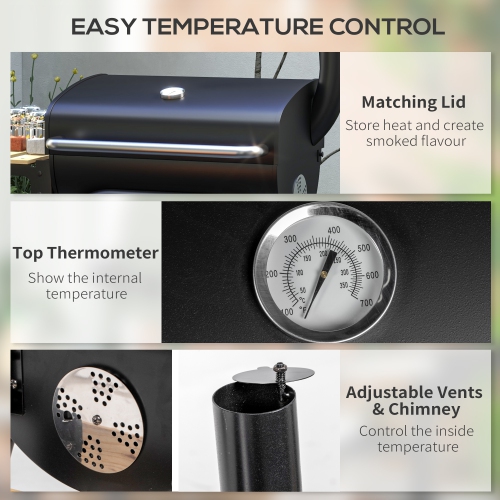 Outsunny Charcoal Barbecue Grill with Shelves, Portable BBQ Trolley Smoker with Wheels, Lid, Thermometer, Chimney for Outdoor Garden Party Cooking,