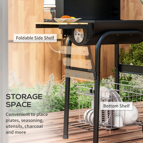 Outsunny Charcoal Barbecue Grill with Shelves, Portable BBQ Trolley Smoker with Wheels, Lid, Thermometer, Chimney for Outdoor Garden Party Cooking,
