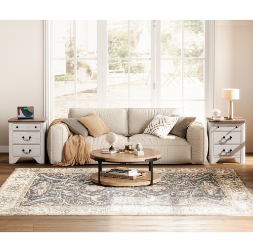 WAMPAT Farmhouse Nightstands Set of 2, 20.5 Inch End Table with Charging Station, Wooden Side Table with 3 Drawers, White End Table Side Table for