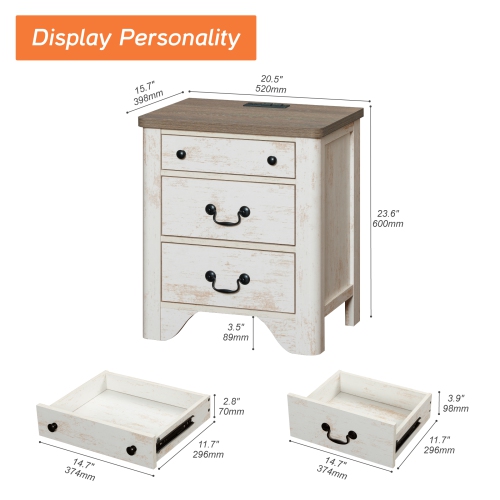 WAMPAT Farmhouse Nightstands Set of 2, 20.5 Inch End Table with Charging Station, Wooden Side Table with 3 Drawers, White End Table Side Table for