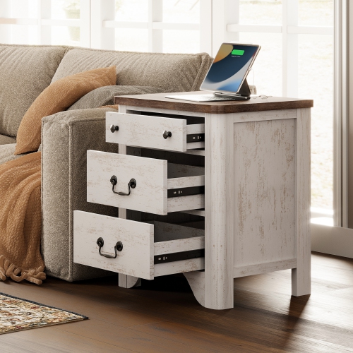 WAMPAT Farmhouse Nightstands Set of 2, 20.5 Inch End Table with Charging Station, Wooden Side Table with 3 Drawers, White End Table Side Table for