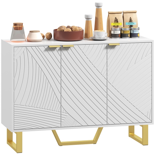 HOMCOM Sideboard Buffet Cabinet with Storage, Modern Kitchen Storage Cabinet with Carved Line Doors, Gold Legs and Adjustable Shelves, White
