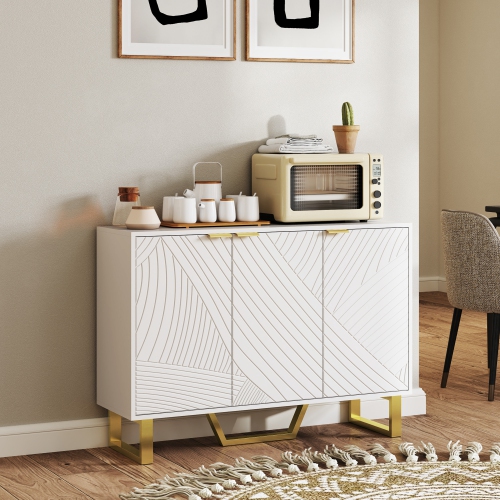 HOMCOM Sideboard Buffet Cabinet with Storage, Modern Kitchen Storage Cabinet with Carved Line Doors, Gold Legs and Adjustable Shelves, White