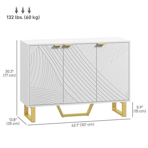 HOMCOM Sideboard Buffet Cabinet with Storage, Modern Kitchen Storage Cabinet with Carved Line Doors, Gold Legs and Adjustable Shelves, White