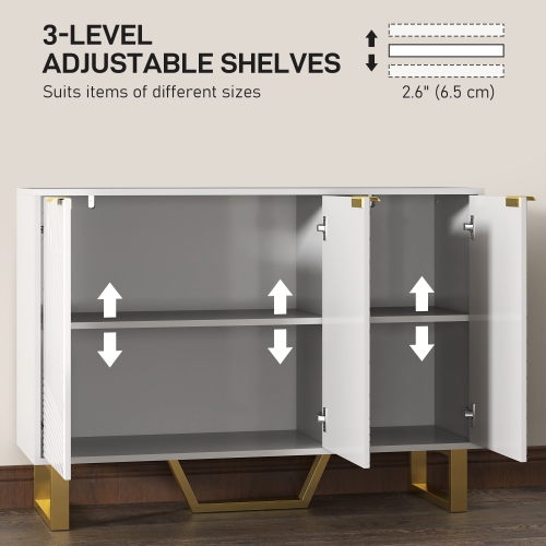 HOMCOM Sideboard Buffet Cabinet with Storage, Modern Kitchen Storage Cabinet with Carved Line Doors, Gold Legs and Adjustable Shelves, White