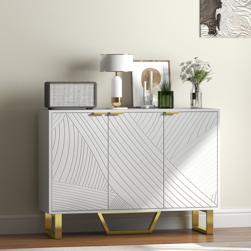 HOMCOM Sideboard Buffet Cabinet with Storage, Modern Kitchen Storage Cabinet with Carved Line Doors, Gold Legs and Adjustable Shelves, White