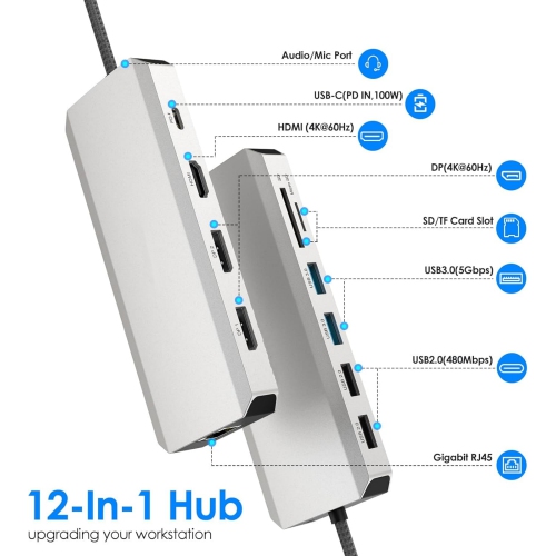 USB C Docking Station, 12 in 1 Triple Display USB C Hub for Windows with Dual DP, HDMI, Gigabit Ethernet, USB3.0/2.0 Ports, SD/TF Card Reader,