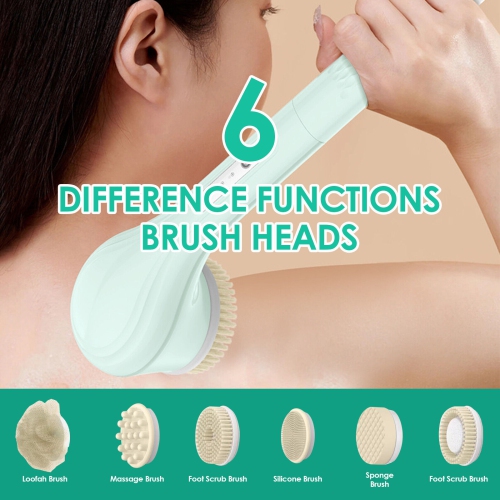 Long Handle Electric Body Bath Brush, Rechargeable Back Scrubber for Shower with 6 Shower Brush Heads