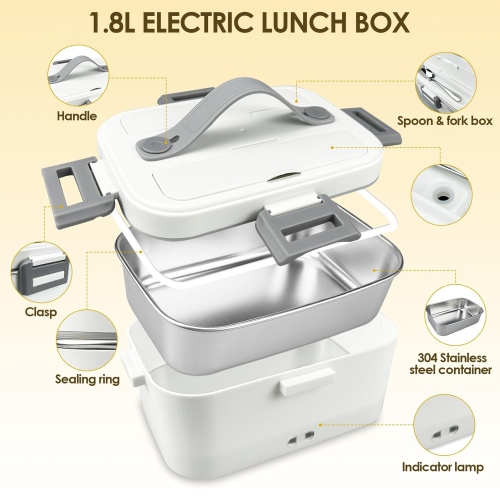 Electric Lunch Box Food Warmer , 75W Heating Lunch Box for Adults, 1.8L Fast Heating Lunchbox Food heating for Car, Truck, Work, Travel -Grey