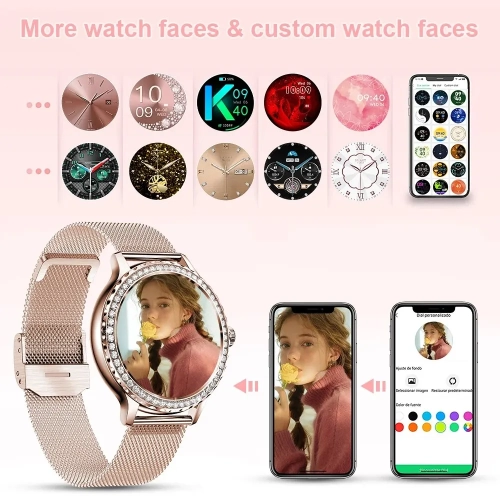 Montre intelligente pour Lady Bluetooth Call , Mode Sport Fitness Femme Montre intelligente , Motifs à faire soi-même pour iOS Android - Rose