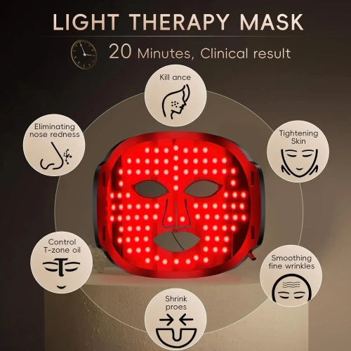 Masque thérapeutique à lumière rouge avec masque pour les yeux - 8 couleurs Beauté LED Masque pour soins faciaux à la maison - Noir