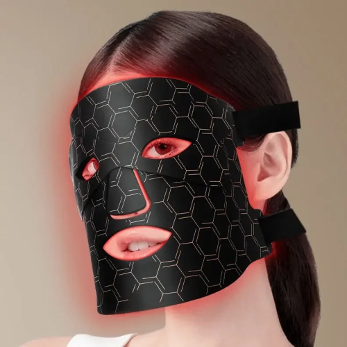 Masque thérapeutique à lumière rouge avec masque pour les yeux - 8 couleurs Beauté LED Masque pour soins faciaux à la maison - Noir