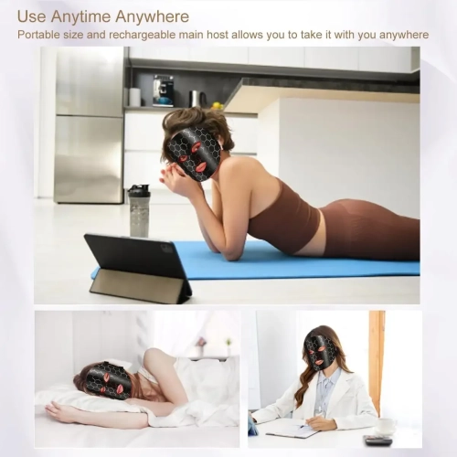 Masque thérapeutique à lumière rouge avec masque pour les yeux - 8 couleurs Beauté LED Masque pour soins faciaux à la maison - Noir