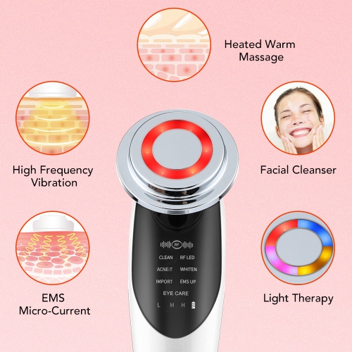 7 in 1 EMS Microcurrent Beauty Device Facial Lifting Machine Skin Rejuvenation Anti Wrinkle Face Cleaning Vibration Massager - White