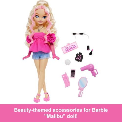 Barbie Dream Besties Doll & Accessories Playset, Barbie “Malibu” Posable Fashion Doll with Wavy Blonde Hair, 11 Makeup & Hair Themed Pieces