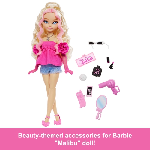 Barbie Dream Besties Doll & Accessories Playset, Barbie “Malibu” Posable Fashion Doll with Wavy Blonde Hair, 11 Makeup & Hair Themed Pieces