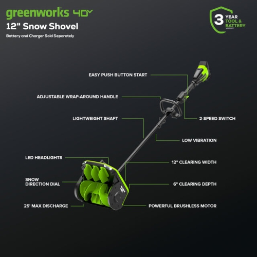 Pelle à neige sans balais de 12&nbsp;po 40&nbsp;V de Greenworks avec ailettes directionnelles, batterie et chargeur non inclus