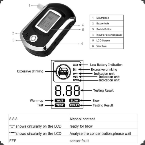 Testeur d'alcool, testeur d'alcool LCD avec 5 porte-cigarettes, analyseur d'alcool portatif rechargeable par USB