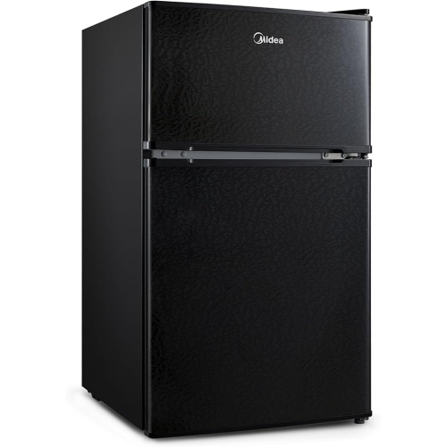 Midea WHD-113FB1 Double Door Mini Fridge With Freezer For Bedroom Office With Adjustable Legs Removable Glass Shelves Compact Refrigerator, 3.1 Cu