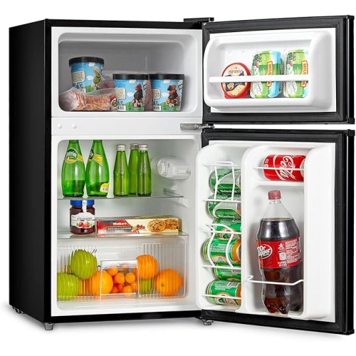 Midea WHD-113FB1 Double Door Mini Fridge With Freezer For Bedroom Office With Adjustable Legs Removable Glass Shelves Compact Refrigerator, 3.1 Cu