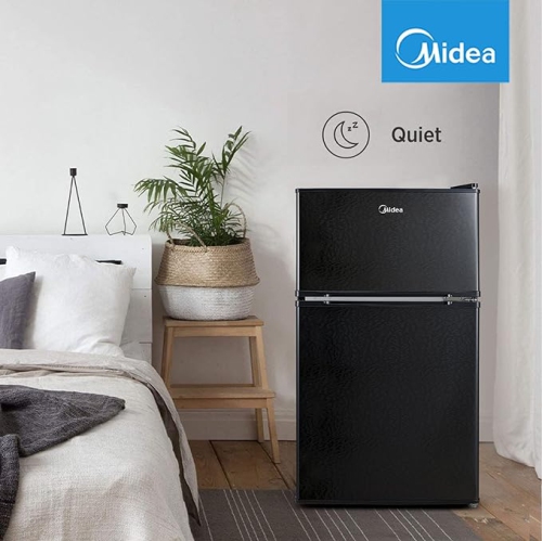 Midea WHD-113FB1 Double Door Mini Fridge With Freezer For Bedroom Office With Adjustable Legs Removable Glass Shelves Compact Refrigerator, 3.1 Cu