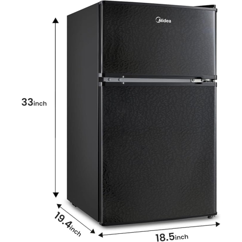 Midea WHD-113FB1 Double Door Mini Fridge With Freezer For Bedroom Office With Adjustable Legs Removable Glass Shelves Compact Refrigerator, 3.1 Cu