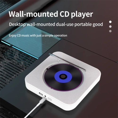 Lecteur CD portatif mural avec Bluetooth, minichaîne audio pour la maison avec télécommande, radio FM, écran LCD - Blanc