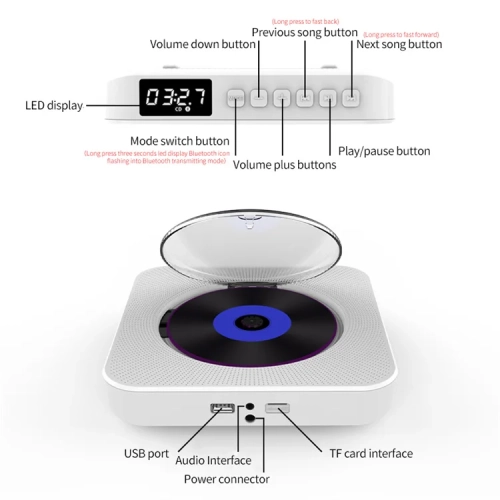 Lecteur CD portatif mural avec Bluetooth, minichaîne audio pour la maison avec télécommande, radio FM, écran LCD - Blanc
