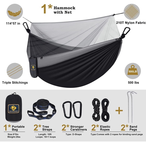 Camping Hammock with Net,Travel Portable Lightweight Hammocks with Tree Straps,Parachute Nylon Hammock for Camping Backpacking Beach Hiking, Black &