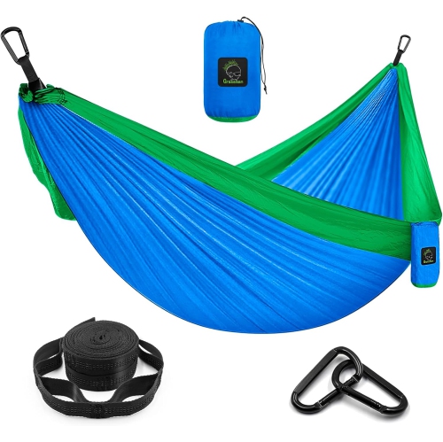 Hamac de camping portatif simple et double avec courroies pour arbre, hamac en nylon léger pour le camping, sac à dos, randonnée, plage, bleu et