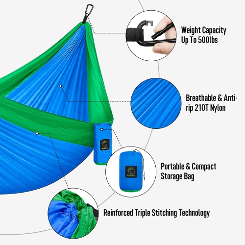 Hamac de camping portatif simple et double avec courroies pour arbre, hamac en nylon léger pour le camping, sac à dos, randonnée, plage, bleu et