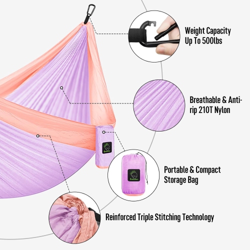Hamac de camping portatif simple et double avec courroies pour arbre, hamac en nylon léger pour le camping, sac à dos, randonnée, plage, violet et