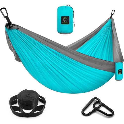Hamac de camping portatif simple et double avec courroies pour arbre, hamac en nylon léger pour le camping, sac à dos, randonnée, plage, bleu ciel et