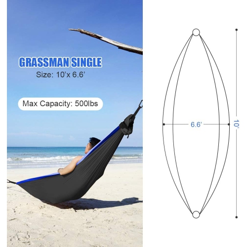 Hamac de camping portatif simple et double avec courroies pour arbre, hamac en nylon léger pour le camping, sac à dos, randonnée, plage, noir et