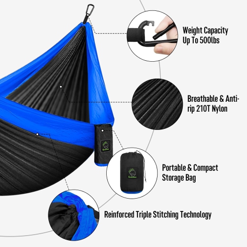 Hamac de camping portatif simple et double avec courroies pour arbre, hamac en nylon léger pour le camping, sac à dos, randonnée, plage, noir et