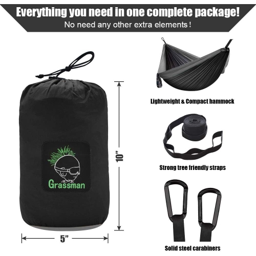 Hamac de camping portatif simple et double avec courroies pour arbre, hamac en nylon léger pour le camping, sac à dos, randonnée, plage, noir et