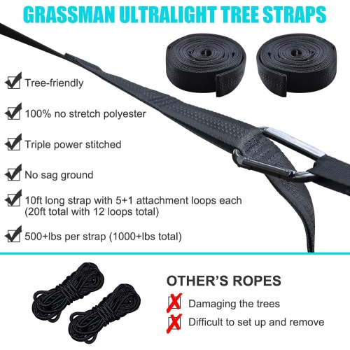 Hamac de camping portatif simple et double avec courroies pour arbre, hamac en nylon léger pour le camping, sac à dos, randonnée, plage, vert foncé