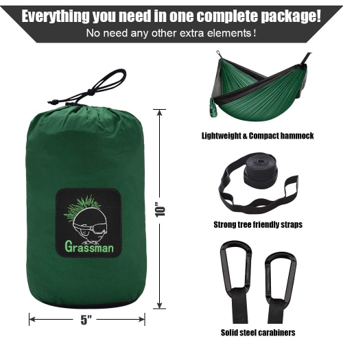 Hamac de camping portatif simple et double avec courroies pour arbre, hamac en nylon léger pour le camping, sac à dos, randonnée, plage, vert foncé