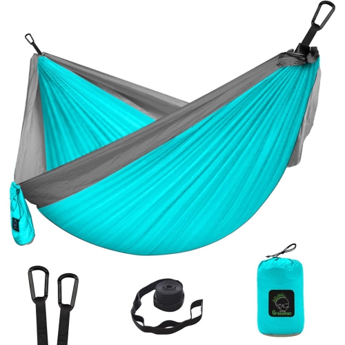 Hamac de camping portatif simple et double avec courroies pour arbre, hamac en nylon léger pour le camping, sac à dos, randonnée, plage, bleu ciel et