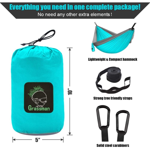 Hamac de camping portatif simple et double avec courroies pour arbre, hamac en nylon léger pour le camping, sac à dos, randonnée, plage, bleu ciel et