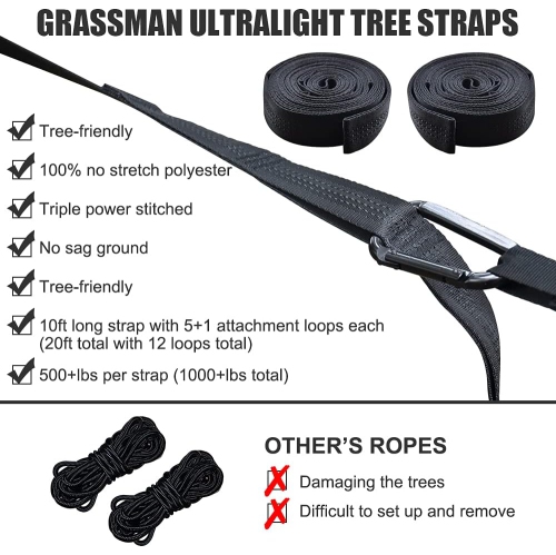 Hamac de camping portatif simple et double avec courroies pour arbre, hamac en nylon léger pour le camping, sac à dos, randonnée, plage, noir et