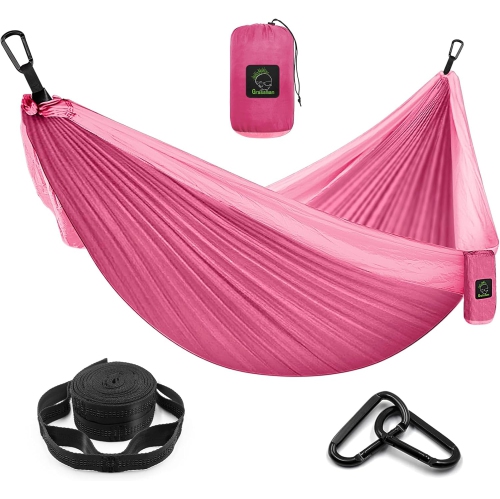 Hamac de camping portatif simple et double avec courroies pour arbre, hamac en nylon léger pour le camping, sac à dos, randonnée, plage, rose, deux